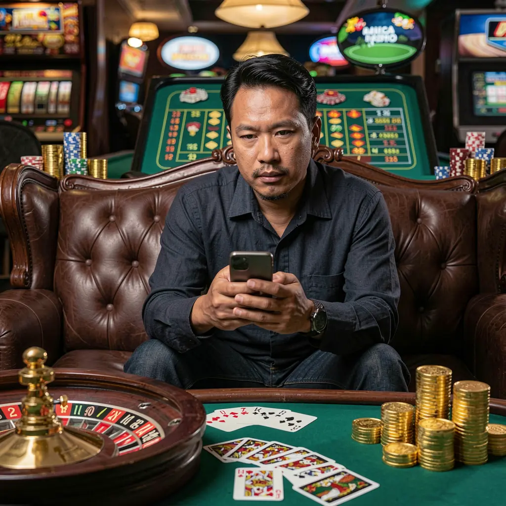 BXB BET App – Enjoy smooth and exciting mobile casino play anytime in the Philippines Confident Filipino player interacting with the BXB BET mobile casino app as gold coins spin and roulette excitement builds
