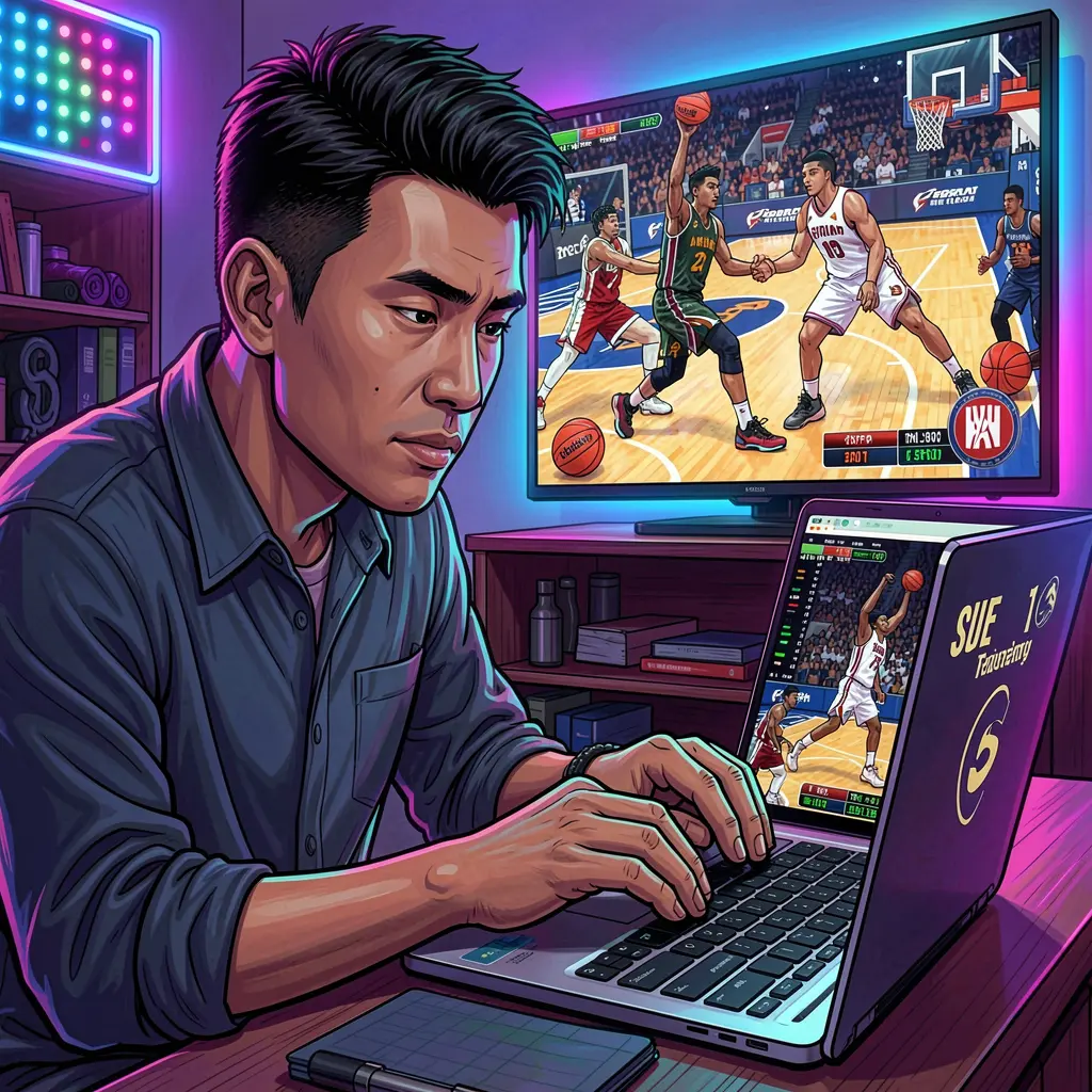 Focused Filipino bettor analyzing basketball odds on a laptop with live game visuals while using BXB BET in a dynamic betting environment