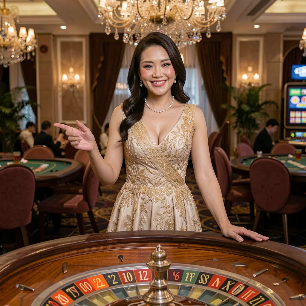 Stylish live casino presenter in a luxury gaming hall inviting players to join live roulette action at BXB BET in the Philippines