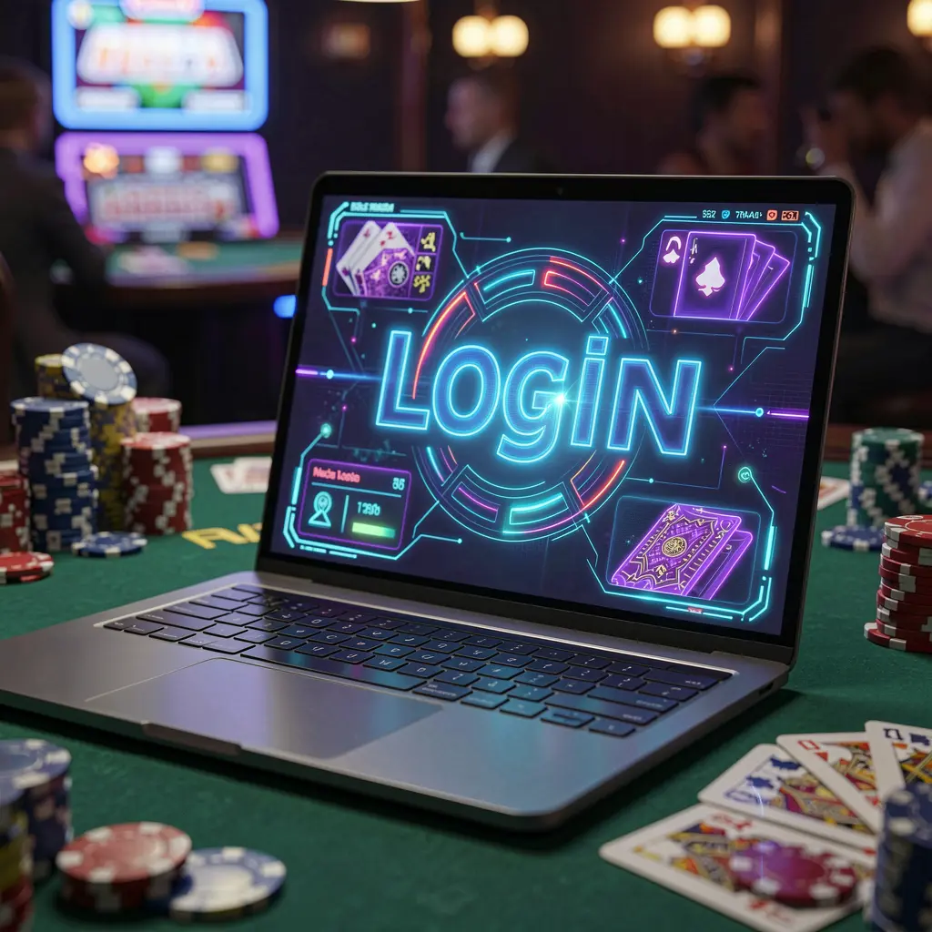 Futuristic laptop displaying the BXB BET login interface surrounded by blurred casino chips and cards representing secure access for online gaming in the Philippines
