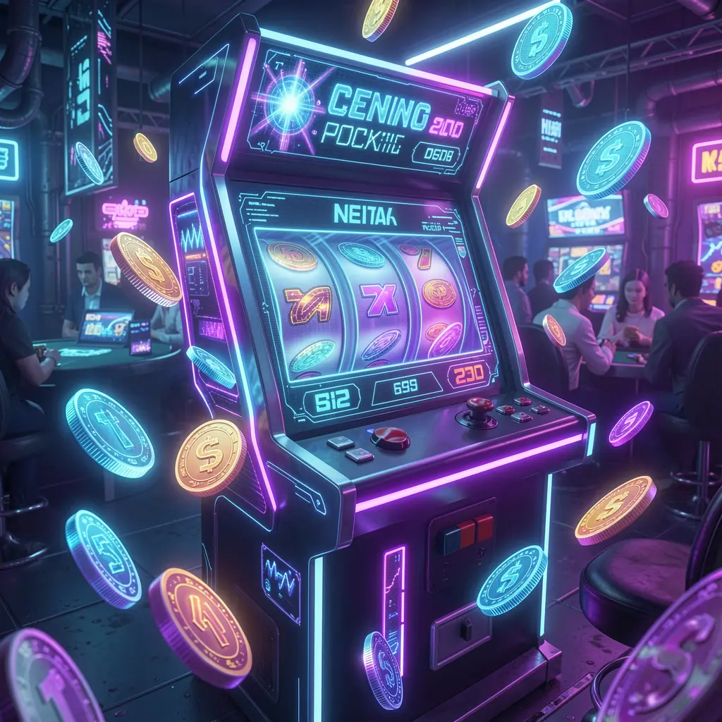 Futuristic slot machine with neon lights and digital effects surrounded by floating coins showcasing the immersive slot experience at BXB BET for players in the Philippines